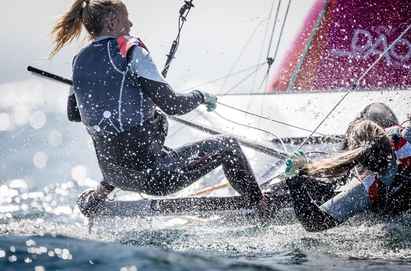 Big waves on day 4 of the 49er Worlds in Portugal photo copyright Maria Muina / www.sailingshots.es taken at Clube de Vela Atlântico and featuring the 49er FX class