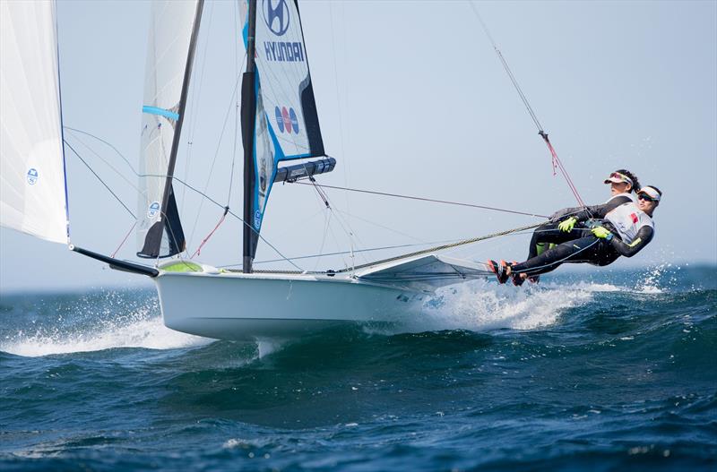 Big winds for the FX fleet on day 5 of the 49er Worlds in Portugal photo copyright Maria Muina / www.sailingshots.es taken at Clube de Vela Atlântico and featuring the 49er FX class