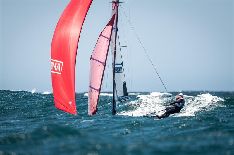 Big winds for the FX fleet on day 5 of the 49er Worlds in Portugal photo copyright Ricardo Pinto taken at Clube de Vela Atlântico and featuring the 49er FX class