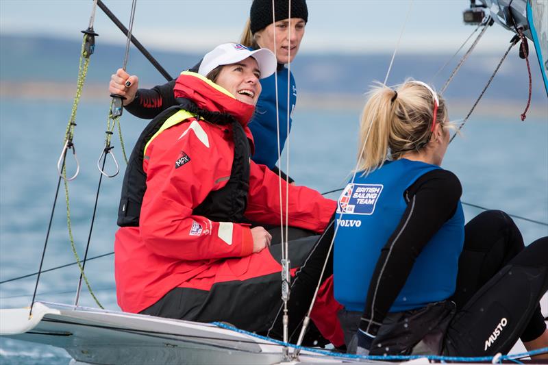 Dame Katherine sailing with Charlotte Dobson and Saskia Tidey photo copyright Tom Gruitt / imagecomms taken at Weymouth & Portland Sailing Academy and featuring the 49er FX class