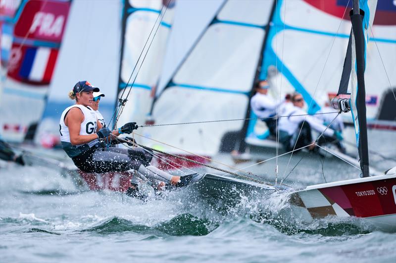 Charlotte Dobson and Saskia Tidey in the Women's 49erFX fleet on Tokyo 2020 Olympic Sailing Competition Day 3 photo copyright Sailing Energy / World Sailing taken at  and featuring the 49er FX class