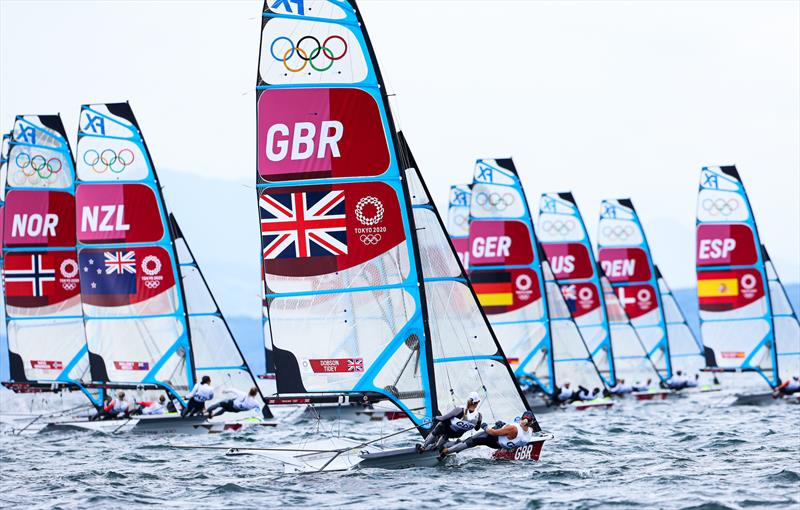 49erFX fleet on Tokyo 2020 Olympic Sailing Competition Day 3 photo copyright Sailing Energy / World Sailing taken at  and featuring the 49er FX class