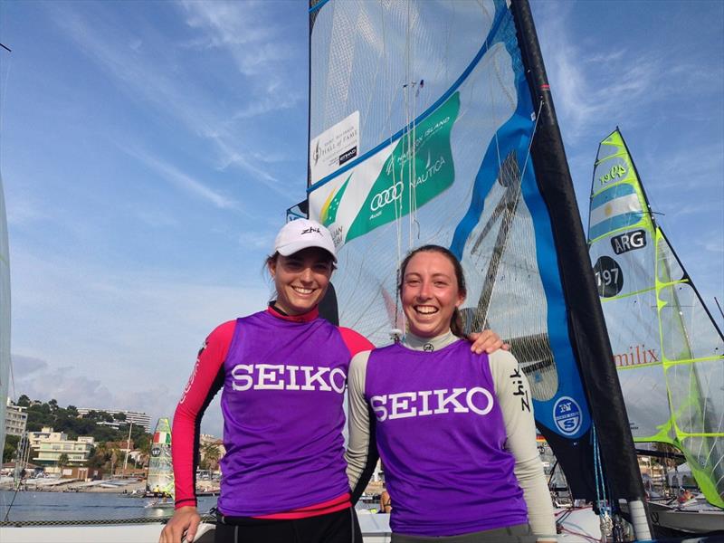 Cailtin Elks and Olivia Price with the Queen of the Downwind bib at the 2013 SEIKO 49er & 49erFX World Championships - photo © 49er World Championships