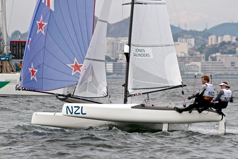 Gemma Jones was the only female helm in the Medal Race for the Nacra 17, Mixed Multihull at the Rio De Janeiro Olympics photo copyright Richard Gladwell taken at Iate Clube do Rio de Janeiro and featuring the 49er FX class