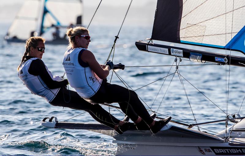 Charlotte Dobson and Saskia Tidey on day 4 at 2018 World Cup Series Hyères photo copyright Jesus Renedo / Sailing Energy taken at  and featuring the 49er FX class