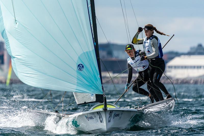 Amelia Stabback (L) / Ella Clark on day 3 of Hempel Sailing World Championships Aarhus 2018 photo copyright Beau Outteridge taken at Sailing Aarhus and featuring the 49er FX class