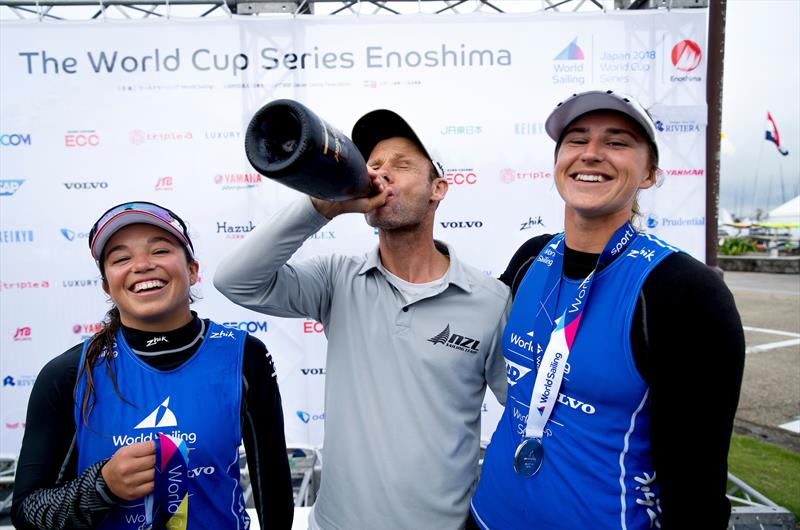 Alex Maloney, Nathan Handley (coach) and Molly Meech - 49er- NZL - Sailing World Cup Enoshima, August 2018 photo copyright Sailing Energy taken at  and featuring the 49er FX class