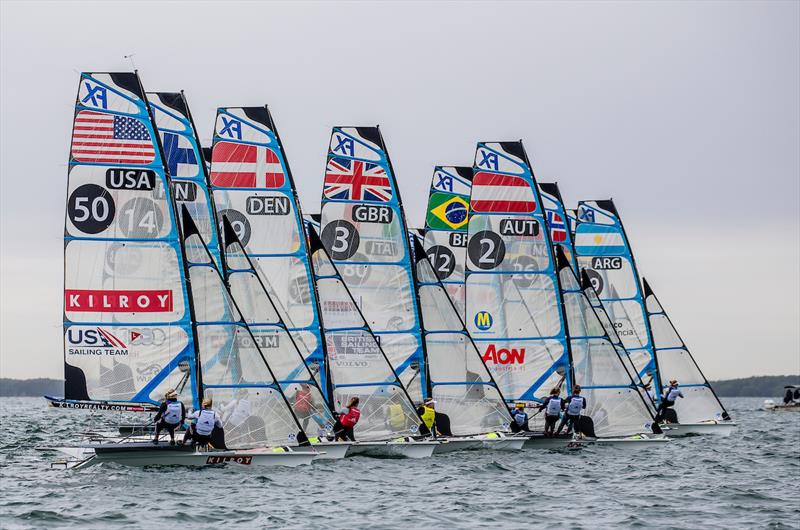 49erFX fleet - 2019 Hempel World Cup Series Miami - Day 2 photo copyright Jesus Renedo / Sailing Energy / World Sailing taken at  and featuring the 49er FX class