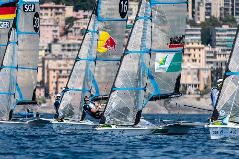 Natasha Bryant and Annie Wilmot get off the start - Genoa World Cup Series photo copyright Beau Outteridge taken at  and featuring the 49er FX class