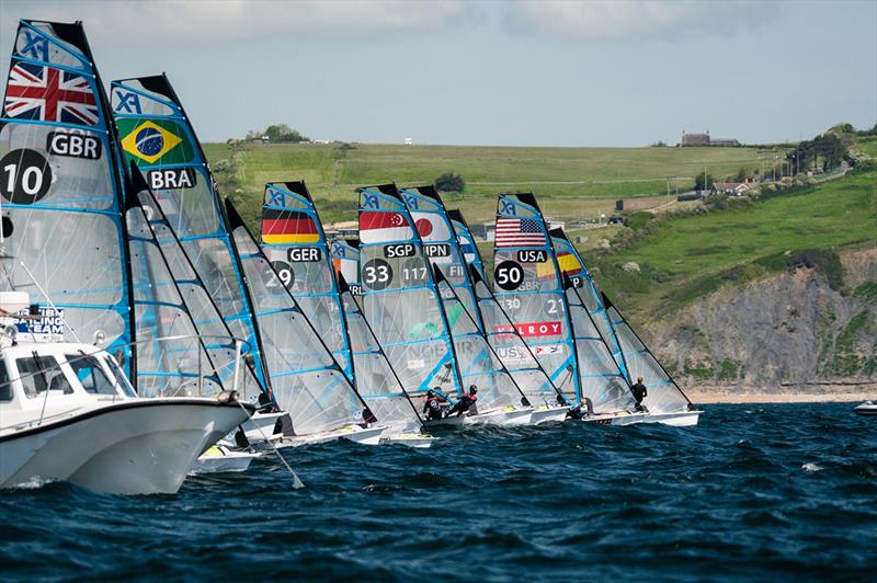 49er FX fleet - 2019 Volvo 49er, 49erFX and Nacra 17 European Championships photo copyright Drew Malcolm taken at Weymouth & Portland Sailing Academy and featuring the 49er FX class