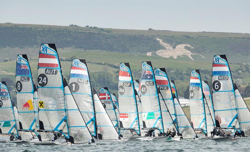 49erFX start - 49erFX European Championship - Weymouth - Day 4 photo copyright Lloyd Images / www.lloydimages.com taken at Weymouth & Portland Sailing Academy and featuring the 49er FX class