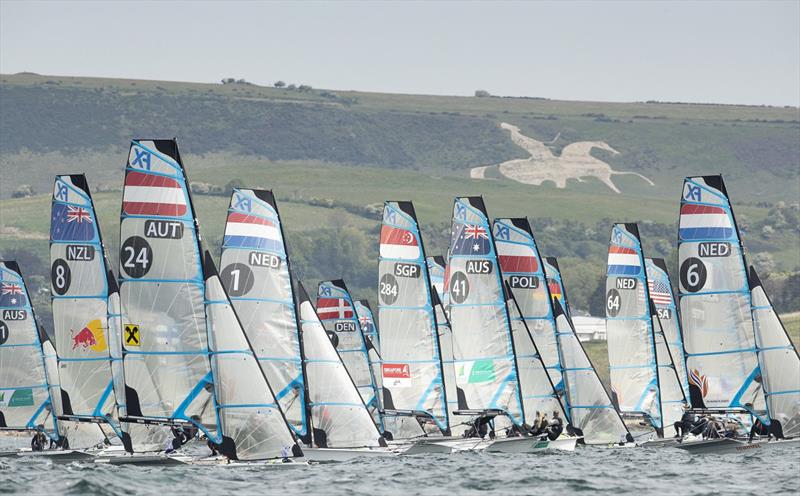 49erFX start (Tess Lloyd and Jaime Ryan 41) - 2019 49er, 49erFX and Nacra 17 European Championships photo copyright Lloyd Images taken at Weymouth & Portland Sailing Academy and featuring the 49er FX class