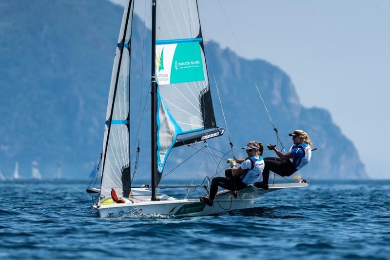 Tess Lloyd and Jaime Ryan leading the Australian teams at the Genoa World Cup photo copyright Beau Outteridge taken at  and featuring the 49er FX class