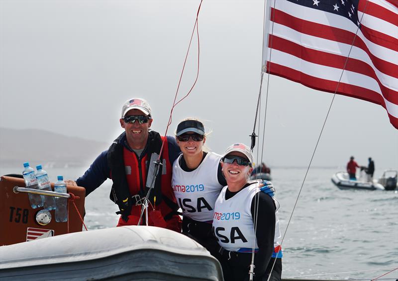 Malcolm Page, US Sailing's chief of Olympic sailing, with 49erFX sailors Stephanie Roble and Maggie Shea after they clinched the Silver Medal at the 2019 Pan American Games photo copyright Photo courtesy of US Sailing / Brittney Manning taken at  and featuring the 49er FX class