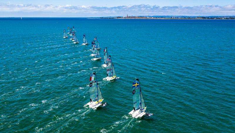 Women's 49erFX Fleet at the 2020 World Championships photo copyright Jesus Renedo / Sailing Energ taken at Royal Geelong Yacht Club and featuring the 49er FX class