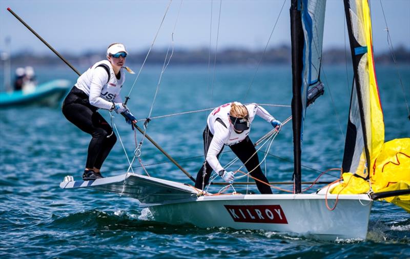 Stephanie Roble and Maggie Shea - 2020 49er, 49er FX & Nacra 17 World Championships, Day 4 photo copyright Jesus Renedo / Sailing Energy taken at Royal Geelong Yacht Club and featuring the 49er FX class