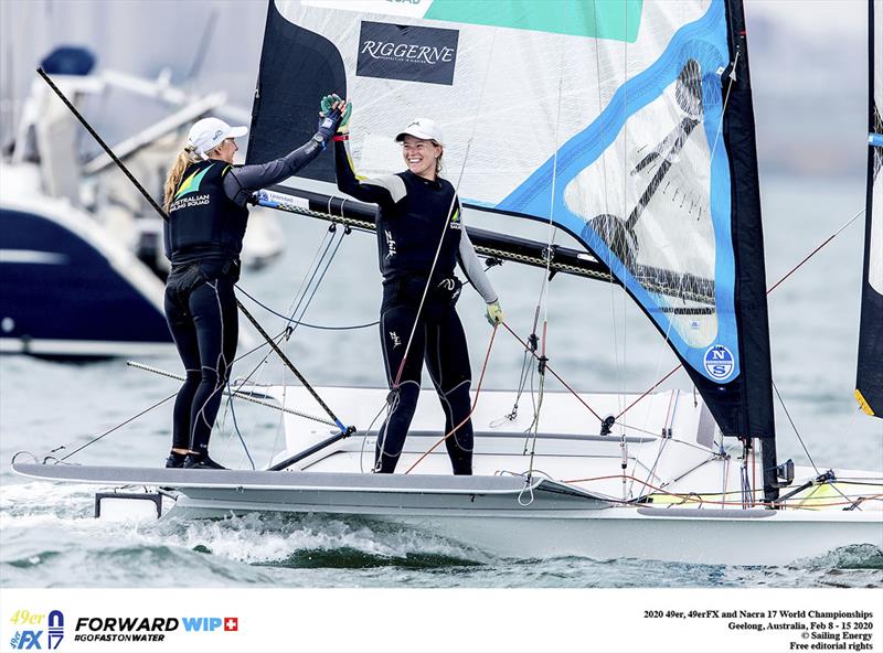 ess Lloyd and Jaime Ryan after their bullet at the 2020 49erFX Worlds photo copyright Pedro Martinez/Sailing Energy taken at Royal Geelong Yacht Club and featuring the 49er FX class