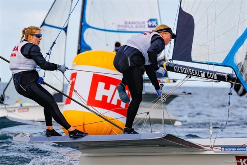 Tension in the 49er FX: The Americans Stephanie Roble/Maggie Shea are only one point behind in second place and fight for the Kieler-Woche title on the final day photo copyright www.segel-bilder.de taken at Kieler Yacht Club and featuring the 49er FX class