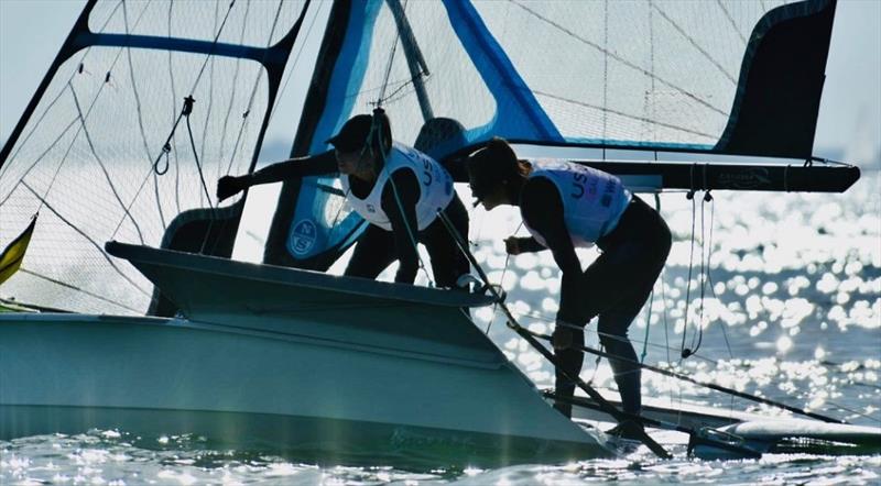 Erika Reineke (left) and Lucy Wilmot (right) at the 2021 West Marine US Open Sailing – Miami photo copyright Ellinor Walters taken at Miami Yacht Club and featuring the 49er FX class