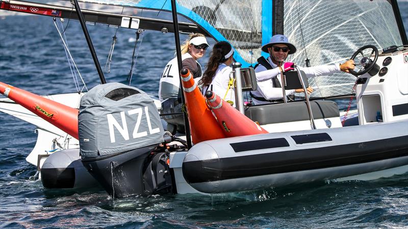 Kiwi 49erFX team takes a training break - Tokyo2020 - Day 1 - July, 25 - Enoshima, Japan photo copyright Richard Gladwell - Sail-World.com / Photosport taken at Royal New Zealand Yacht Squadron and featuring the 49er FX class