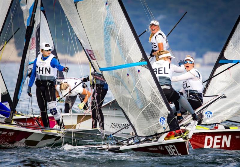 The light is a fight - the 49erFX fleet in full battle mode on day 3 of Tokyo 2020 photo copyright Sailing Energy / World Sailing taken at  and featuring the 49er FX class