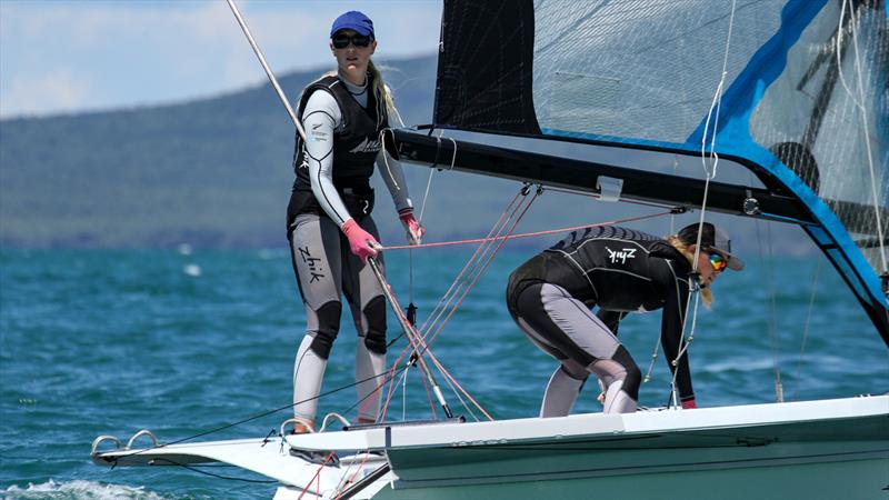 49erFX -  Day 2 - Oceanbridge NZL Sailing Regatta - Takapuna BC February 18, 2022 photo copyright Richard Gladwell / Sail-World.com/nz taken at Takapuna Boating Club and featuring the 49er FX class