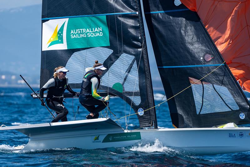 Laura Harding and Annie Wilmot at French Olympic Week Hyères photo copyright Beau Outteridge / Australian Sailing Team taken at  and featuring the 49er FX class