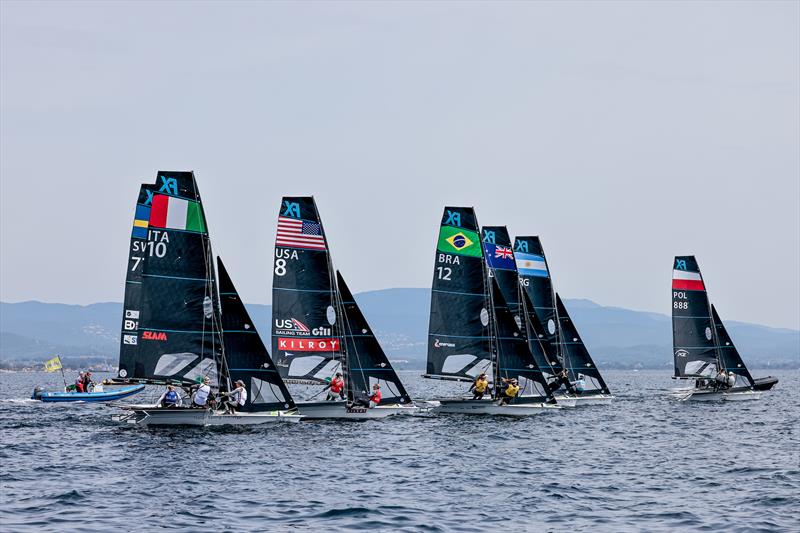 Medal Race start - 49er FX - Day 6 - NZL Sailing Team - Semaine Olympique Française de Hyères - April 2022 photo copyright Sailing Energy / FFVOILE taken at  and featuring the 49er FX class