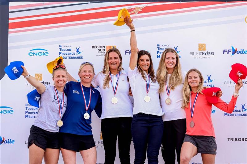 Steph Roble & Maggie Shea with their silver medals on the 49erFX podium at French Olympic Week 2022 photo copyright Sailing Energy taken at  and featuring the 49er FX class