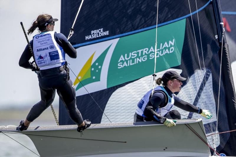 Olivia Price and Evie Haseldine - Hempel World Cup Series at the Allianz Regatta - Day 2 photo copyright Sailing Energy / Hempel World Cup Series Allianz Regatta taken at  and featuring the 49er FX class