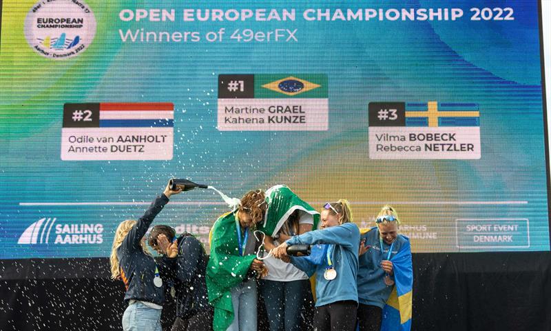 49er FX medalists celebrate - Day 6 - European Championships - Aarhus, Denmark - July 2022 photo copyright Peter Brogger taken at Sailing Aarhus and featuring the 49er FX class