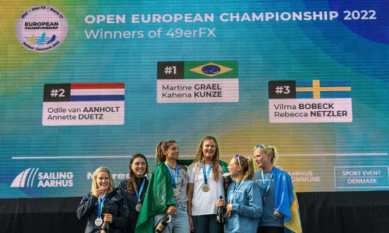 49er FX medalists- Day 6 - European Championships - Aarhus, Denmark - July 2022 photo copyright Peter Brogger taken at Sailing Aarhus and featuring the 49er FX class