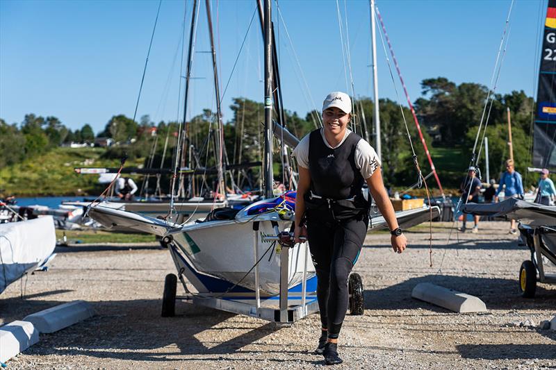 Annie Wilmot (49erFX) competing at 49er, 49erFX & Nacra 17 World Championships in Hubbards, NS, Canada photo copyright Beau Outteridge taken at  and featuring the 49er FX class