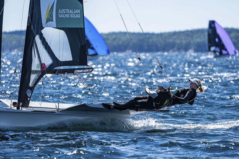 Tess Lloyd and Dervla Duggan (49erFX) competing at 49er, 49erFX & Nacra 17 World Championships in Hubbards, NS, Canada photo copyright Beau Outteridge taken at Hubbards Sailing Club and featuring the 49er FX class