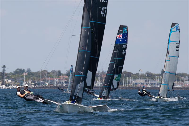 Laura Harding and Annie Wilmot leading the pack to the first mark. They are currently leading the 49erFX fleet after the first day of racing - photo © A.J. McKinnon