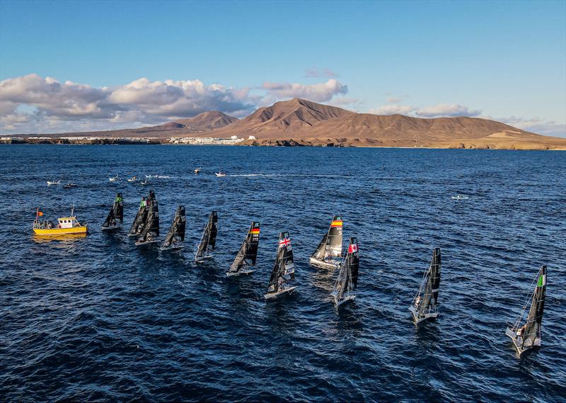 Lanzarote International Regatta Day 1 - 49erFX fleet just before the B of BANG photo copyright Sailing Energy taken at Lanzarote Sailing Center and featuring the 49er FX class