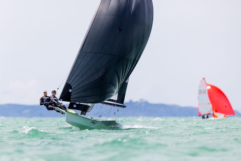 Jo Aleh and Molly Meech lead in the 49er FX - Day 2 Oceanbridge NZL Sailing Regatta - Torbay Sailing Club - February 25, 2023 photo copyright Adam Mustill Photography taken at Torbay Sailing Club and featuring the 49er FX class