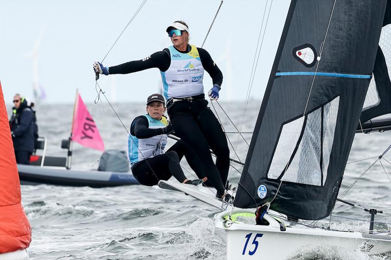 Jo Aleh and Molly Meech - NZL - 49er FX -  Day 5, 2023 Allianz Sailing World Championships, The Hague, August 15, 2023  - photo © Sailing Energy / World Sailing