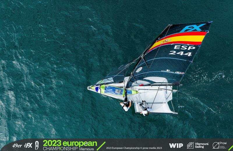 Light winds on day 1 of the European Championship in Portugal photo copyright Vilamoura Sailing / PROW Media group taken at Vilamoura Sailing and featuring the 49er FX class