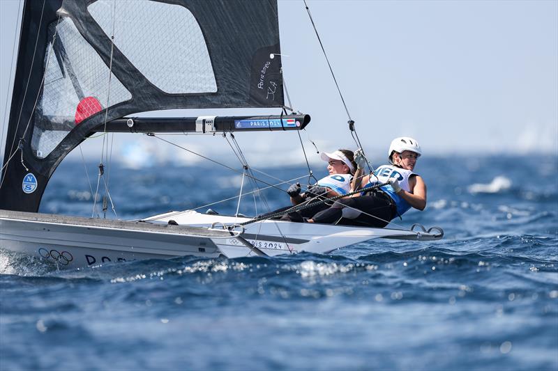 Odile van Aarnhold and Annette Duetz (NED) celebrate their Gold Medal win - Womens Skiff - Paris Olympic Sailing in Marseille, France August 2, 2024 photo copyright World Sailing / Sander van der Borch taken at  and featuring the 49er FX class