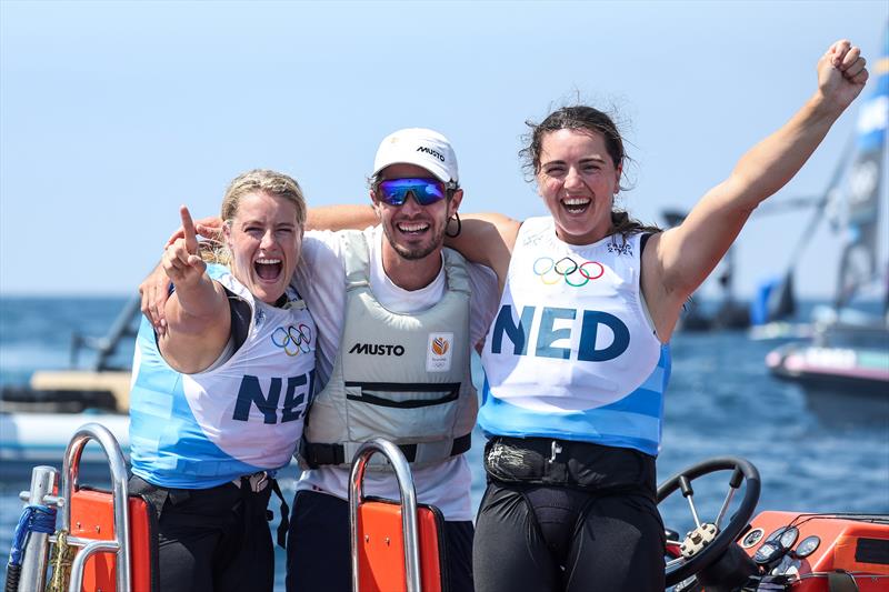 Odile van Aarnhold and Annette Duetz (NED) celebrate their Gold Medal win - Womens Skiff - Paris Olympic Sailing in Marseille, France August 2, 2024 photo copyright World Sailing / Lloyd Images taken at  and featuring the 49er FX class