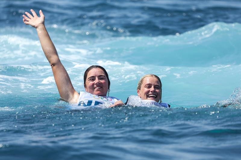 Odile van Aarnhold and Annette Duetz (NED) celebrate their Gold Medal win - Womens Skiff - Paris Olympic Sailing in Marseille, France August 2, 2024 photo copyright World Sailing / Lloyd Images taken at  and featuring the 49er FX class