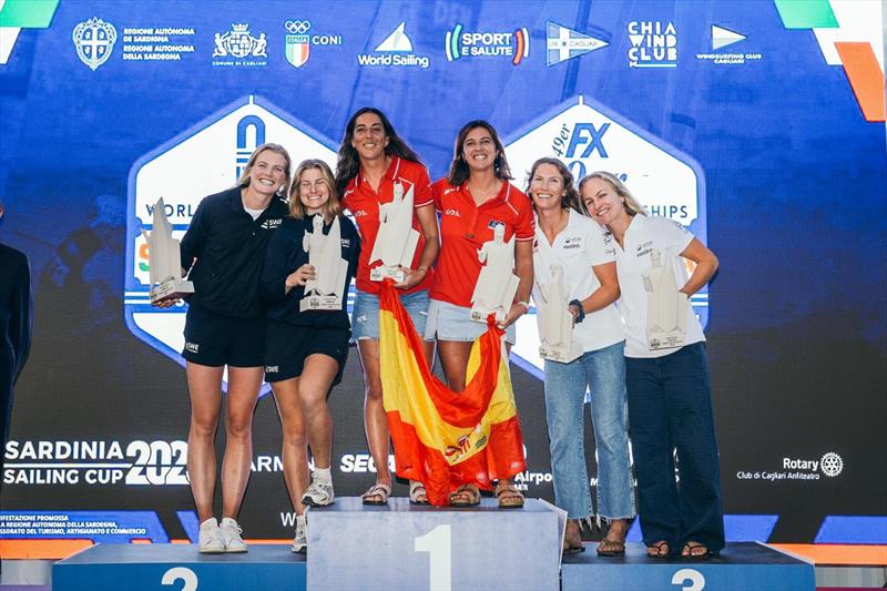 49erFX Podium (left to right) Silver to Vilma Bobeck and Ebba Berntsson (SWE), Gold to Paula Barcelo and Maria Cantero (ESP), Bronze to Antonia and Georgia Lewin LaFrance (CAN) - 49er & 49erFX and Nacra 17 World Championships, day 6 photo copyright Sailing Energy taken at  and featuring the 49er FX class