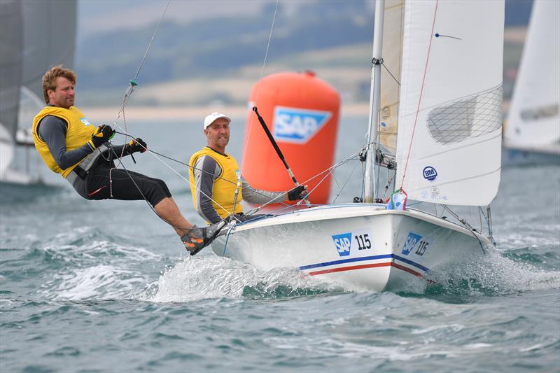 Jan Saugmann and Jakob Karbo show the way in race 2 of the SAP 505 Worlds at Weymouth - photo © Christophe Favreau / www.christophefavreau.com