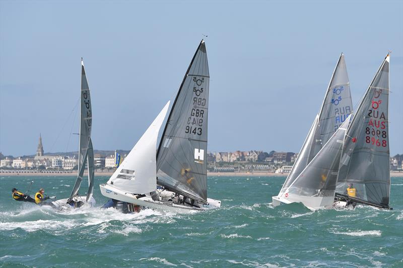 Richard Lovering and Matt Alvarado take to the skies on day 4 of the SAP 505 Worlds at Weymouth photo copyright Christophe Favreau / www.christophefavreau.com taken at Weymouth & Portland Sailing Academy and featuring the 505 class