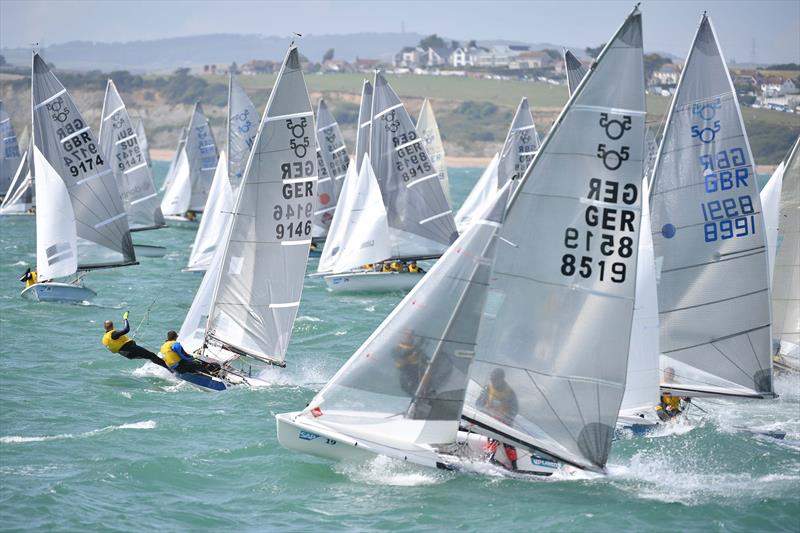 Findel and Tellen (9146) open the gate for Race 7 on day 5 of the SAP 505 Worlds at Weymouth photo copyright Christophe Favreau / www.christophefavreau.com taken at Weymouth & Portland Sailing Academy and featuring the 505 class