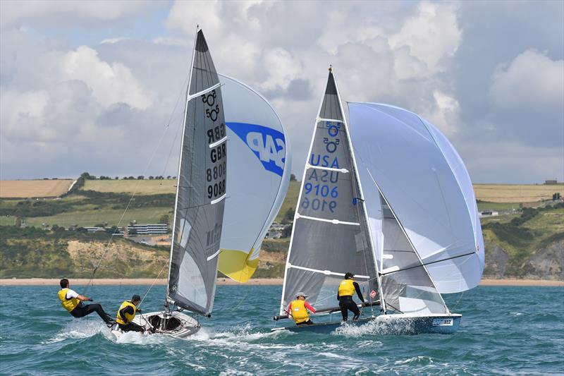 Martin and Lowry(9106) prepare to gybe ahead of Smith and Needham on the final day of the SAP 505 Worlds at Weymouth photo copyright Christophe Favreau / www.christophefavreau.com taken at Weymouth & Portland Sailing Academy and featuring the 505 class