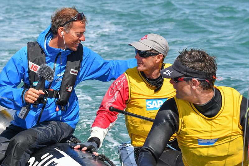 Martin and Lowry being inviewed for SAP Sports TV on the final day of the SAP 505 Worlds at Weymouth photo copyright Christophe Favreau / www.christophefavreau.com taken at Weymouth & Portland Sailing Academy and featuring the 505 class