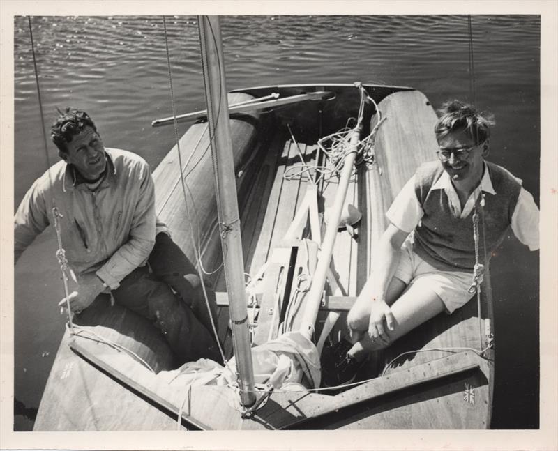 Max Johnson (l) and designer John Westell (r) on board a very early 505 at the first ever international event, a team race against the French at Ouisterham - photo © Westell Family