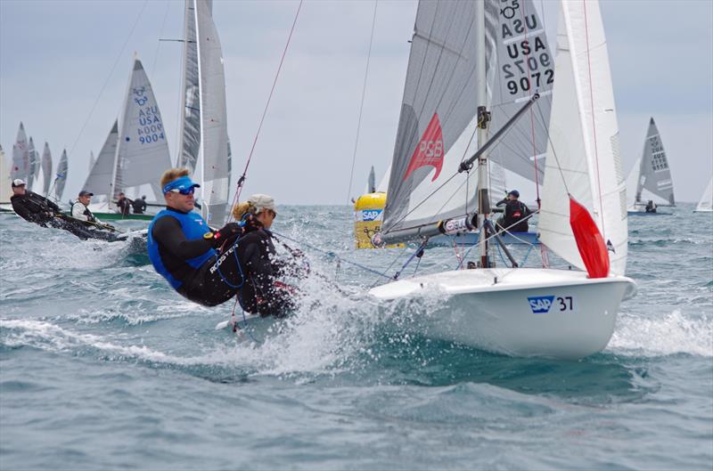 Penny & Russ Clark at the top mark on day 1 of the 505 World Championship photo copyright Christophe Favreau / www.christophefavreau.com taken at Fremantle Sailing Club and featuring the 505 class